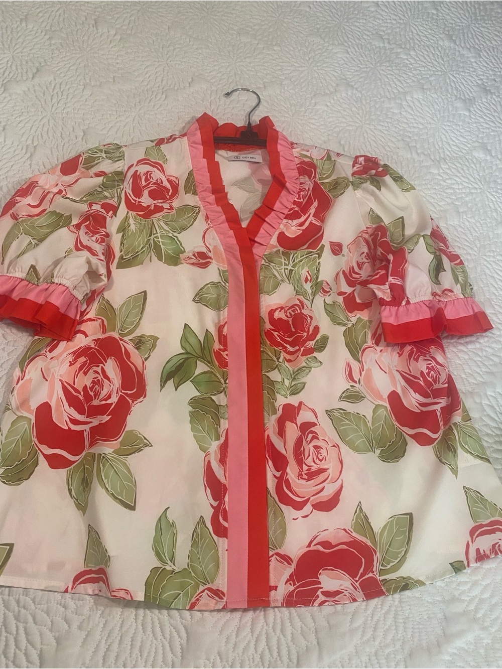 Floral Puff-Sleeve Blouse with Pink & Red Trim